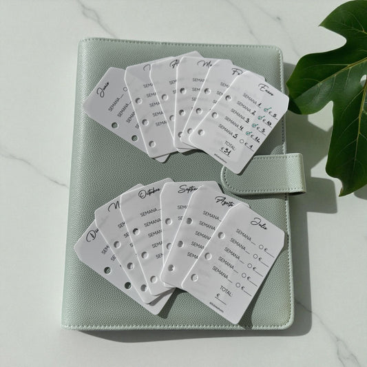 Tarjetas de ahorro del mes - Reutilizables insertables en A5, A6, A7.